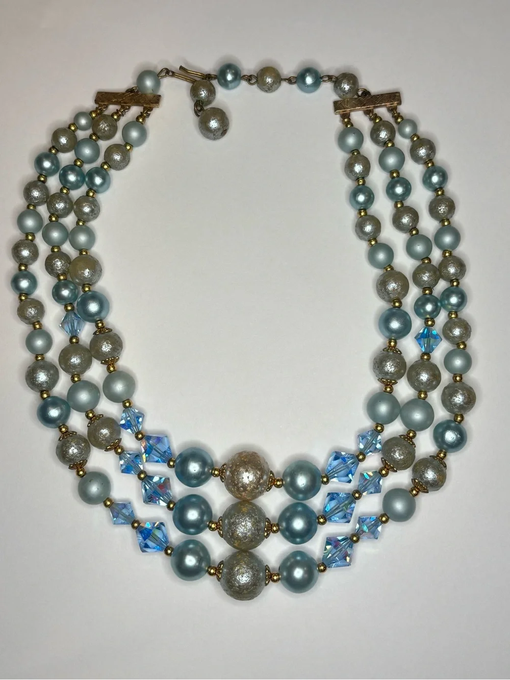 Vintage Blue Faux Pearl Crackle Glass AB Crystal 3 Strand Necklace 16”